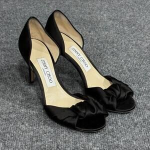 Jimmy Choo Shoes Womens 5.5 35.5 Black Satin D'Orsay Knotted Bow Heels Kitty 85